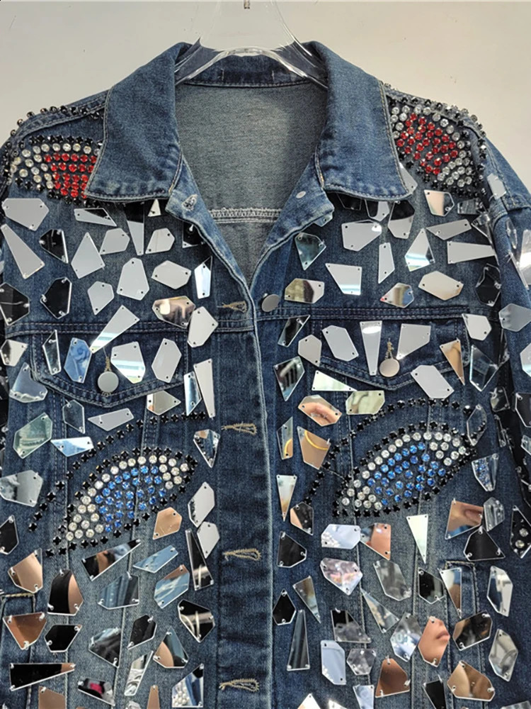 DEAT Womens Denim Shiny Irregular Sequins Colorful Diamonds Blue Long Sleeve Female Coat Jacket 2025 Spring Fashion 33A1799 241223
