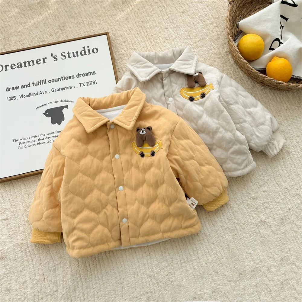 Winter Ins Korean Toddler Boys Parkas Cotton Quilted Thickened Cartoon Bear Solid Baby Boys Coat Infant Boys Jacket 241223
