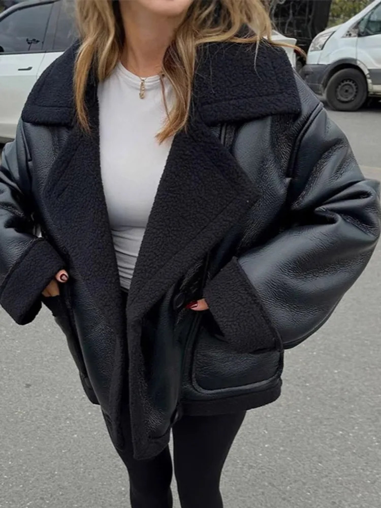 Lamb Wool PU Leather Coat Women Patchwork Lapel Solid Button Thicken Warm Lady Jacket Winter Vintage Loose Female Outwear 241217