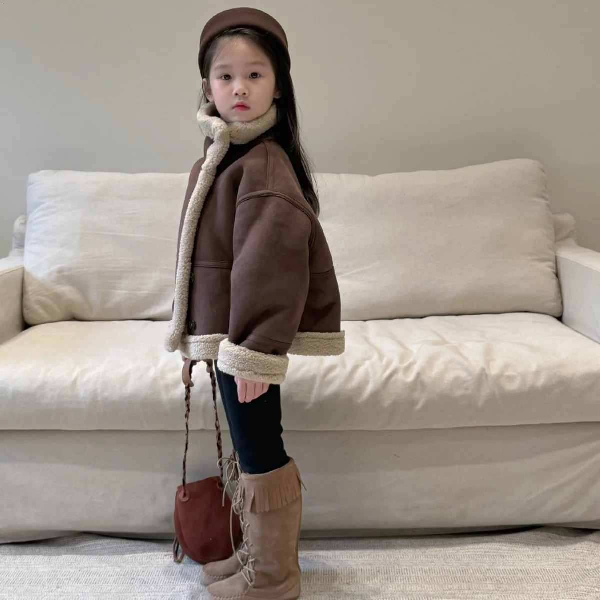 Kids Top Autumn Winter Thick Motorcycle Jacket Children Solid Fur Top Kid Outerwear Long Sleeve Coats Leather Clothing 241223