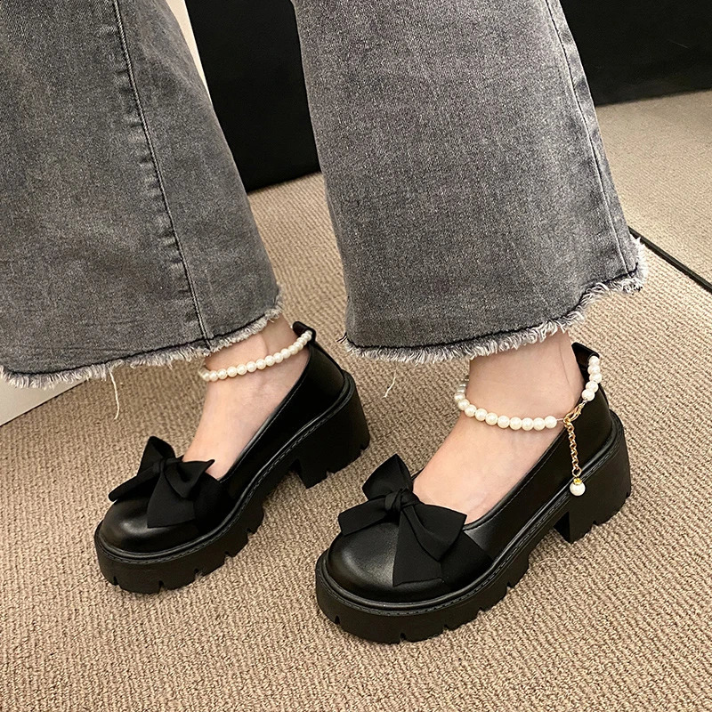 Pearl Bow Mary Jane Sandals Womens Lolita Thick Mary Jane High Heels Pump Summer Sandals Beaded Womens Shoes Zapatos 241223