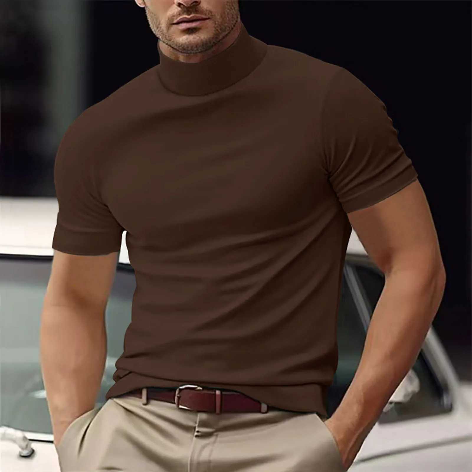 Short sleeved T-shirt mens Turtleneck shirt short sleeved Pullover underwear slim fit top mens plain T-shirt Harajuku streetwear W241223