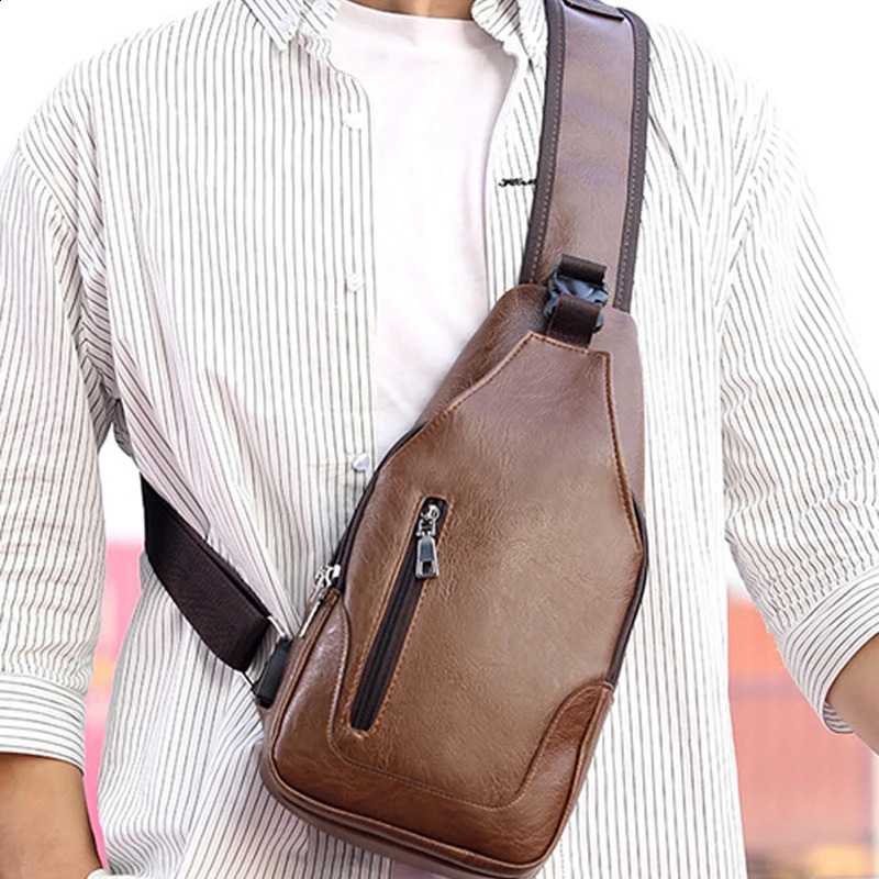 Fashion Messenger Bag Leather Men Chest Bag Vintage Crossbody Shoulder Bag Mens Business Sling Bags Casual Chest Packs 241224