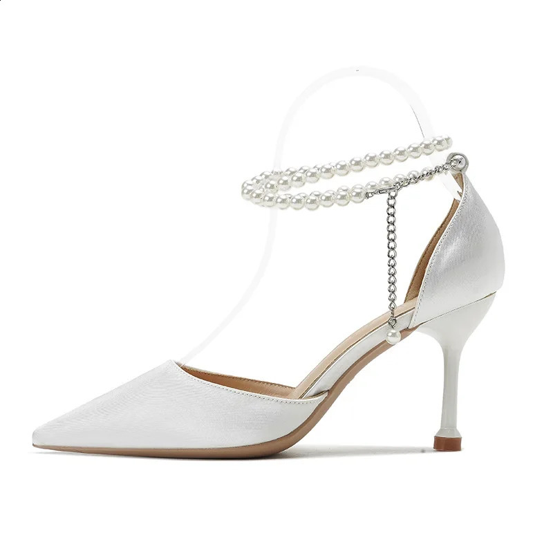 Spring Womens Wedding Shoes High Heel Shoe Pearl Silk White High Heels Ladies Sexy Dot Toe Pearl Pump 241223