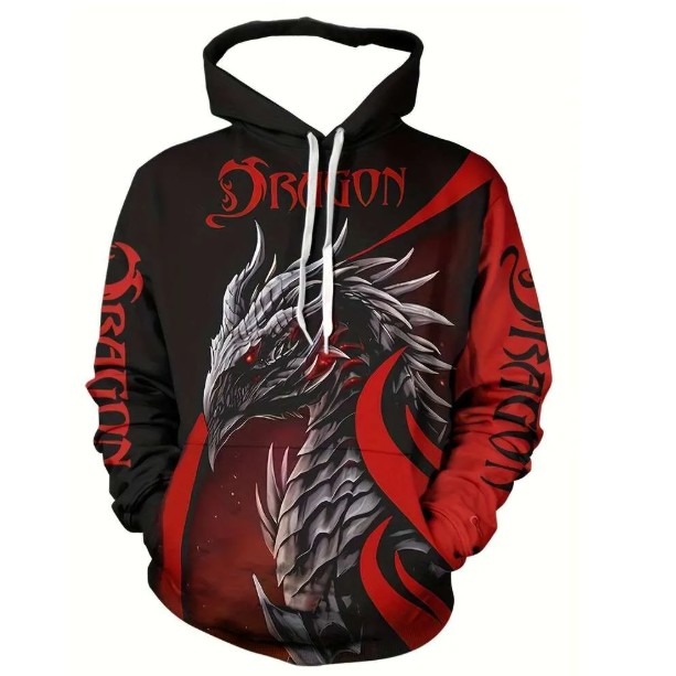 Men's 3D dragon print hooded casual long sleeved sweatshirt with drawstring pocket, polyester knitted fabric, slightly elastic pullover