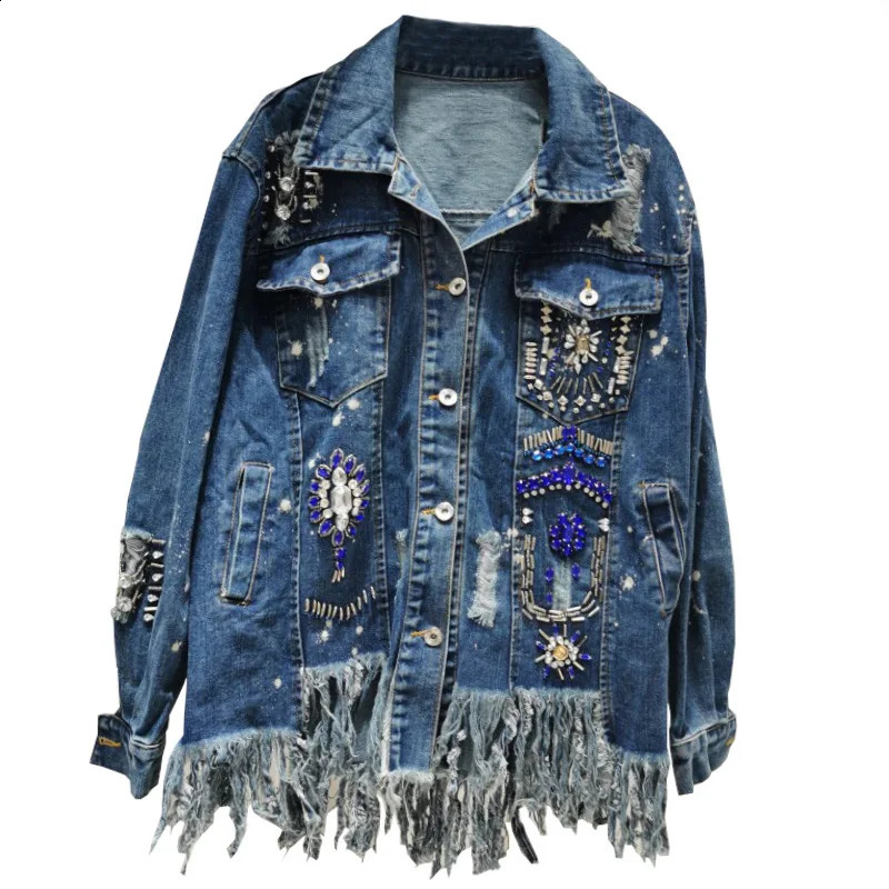 Outerwear Denim Jacket for Women Autumn and Spring Loose Diamond Irregular Tassel Hem Jean Jacket Fashion Coats Tops 241223