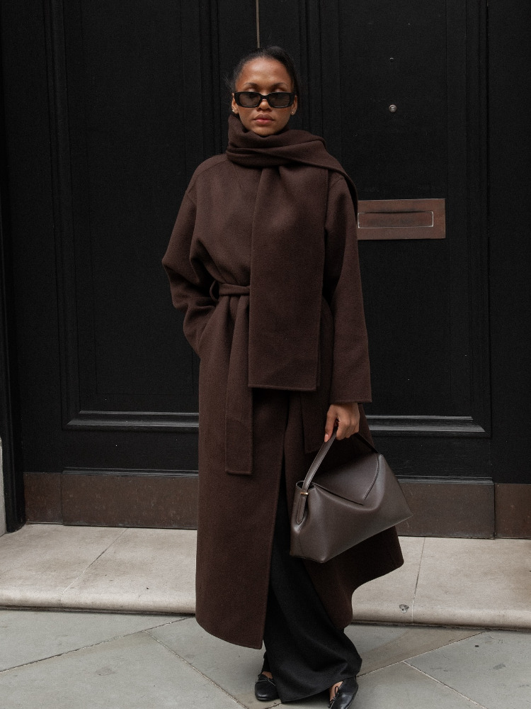 Vintage Brown Scarf Collar Women's Overcoat With Belt Fashion Long Sleeve Pockets Woolen Jacket Lady New Loose Streetwear