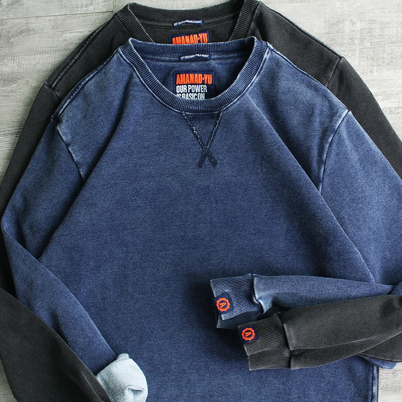 Heavy duty looped knitted 100% cotton sweatshirt retro Japanese autumn mens Distressed Pullover loose casual hoodie Y2k top 241223