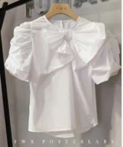 2024 New Fashionable and Stylish Solid Color Versatile Wrinkle Bow Split Bubble Sleeve Shirt Womens Top Trendy 241223