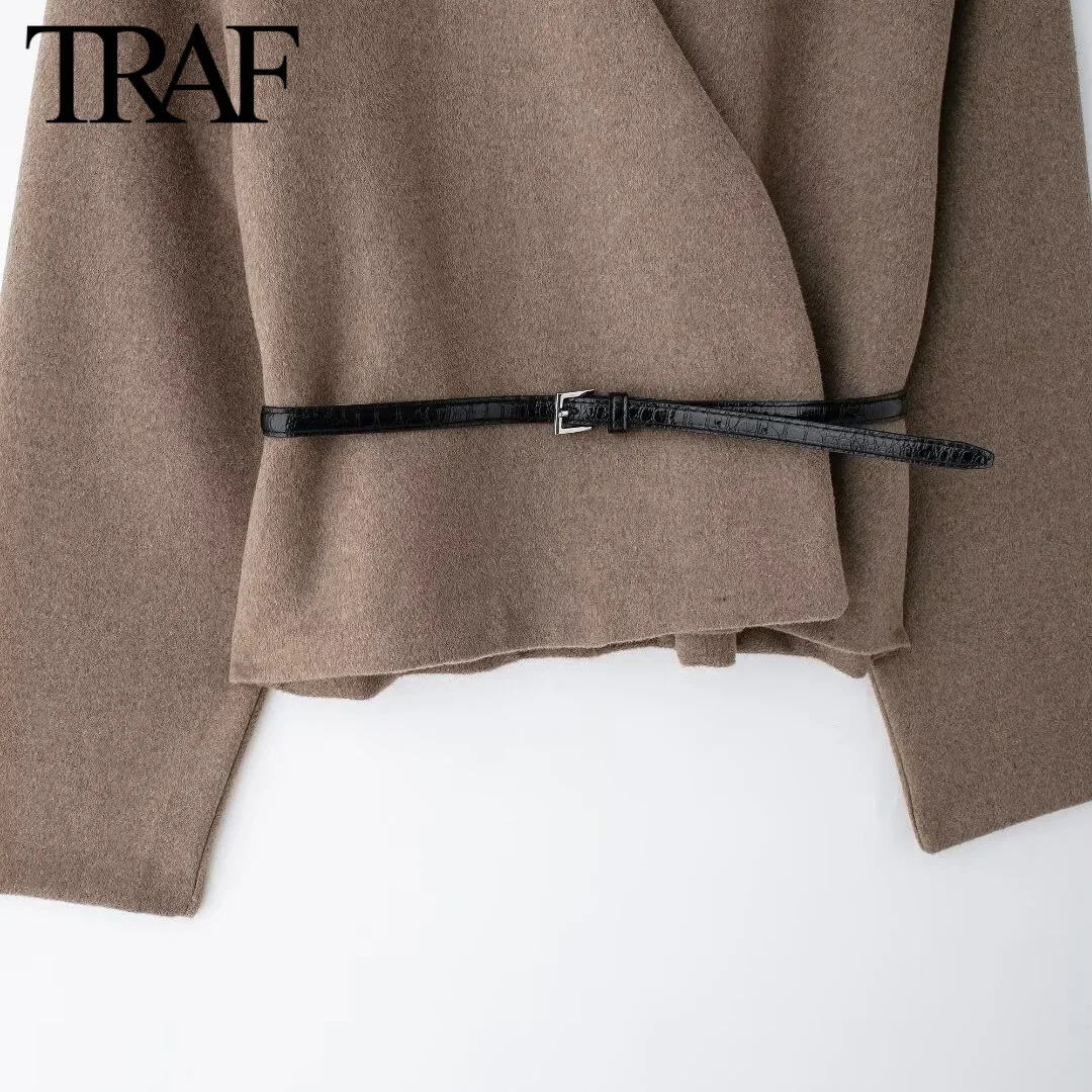 TRAF Jacket For Women Fashion 2024 Autumn Winter New Solid Color Belt Soft Long Sleeved V-Neck Short Coats Chic Ladies Tops