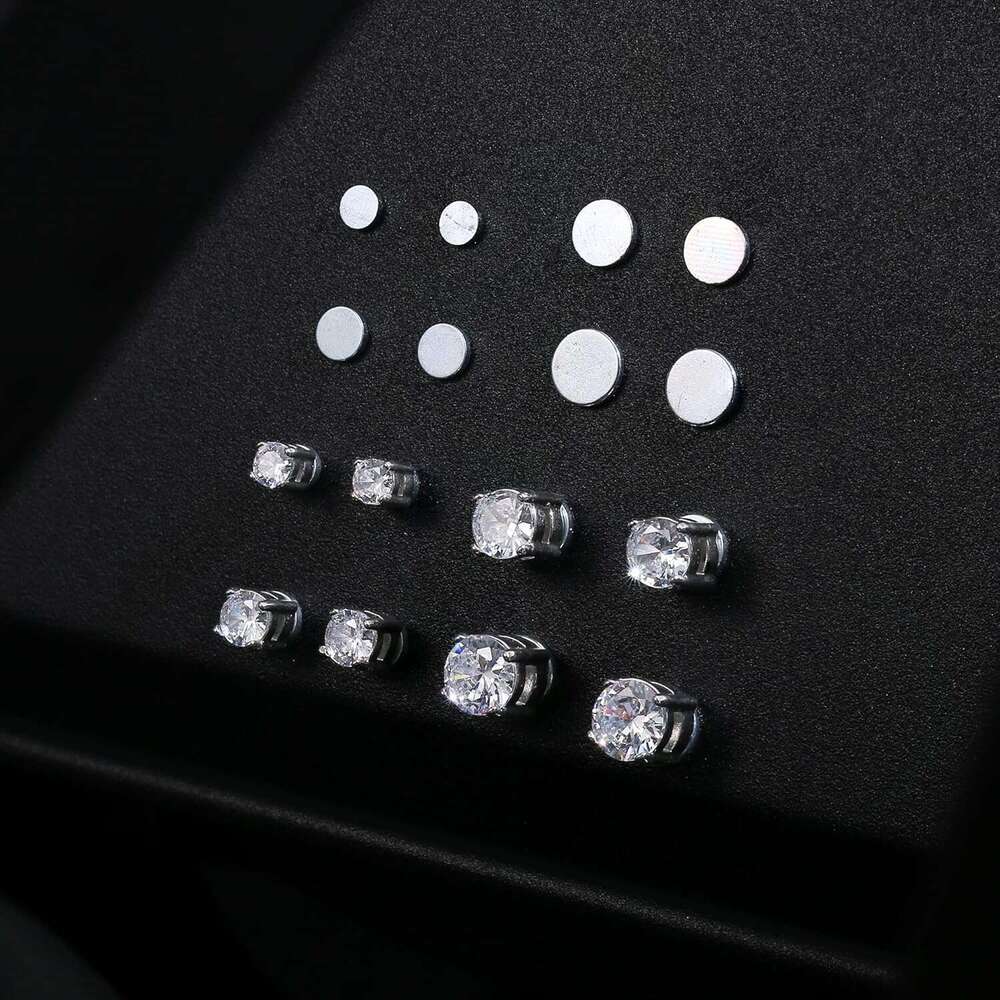 4 pairs of stainless steel magnetic earrings for men and women, non perforated CZ 4-7MM