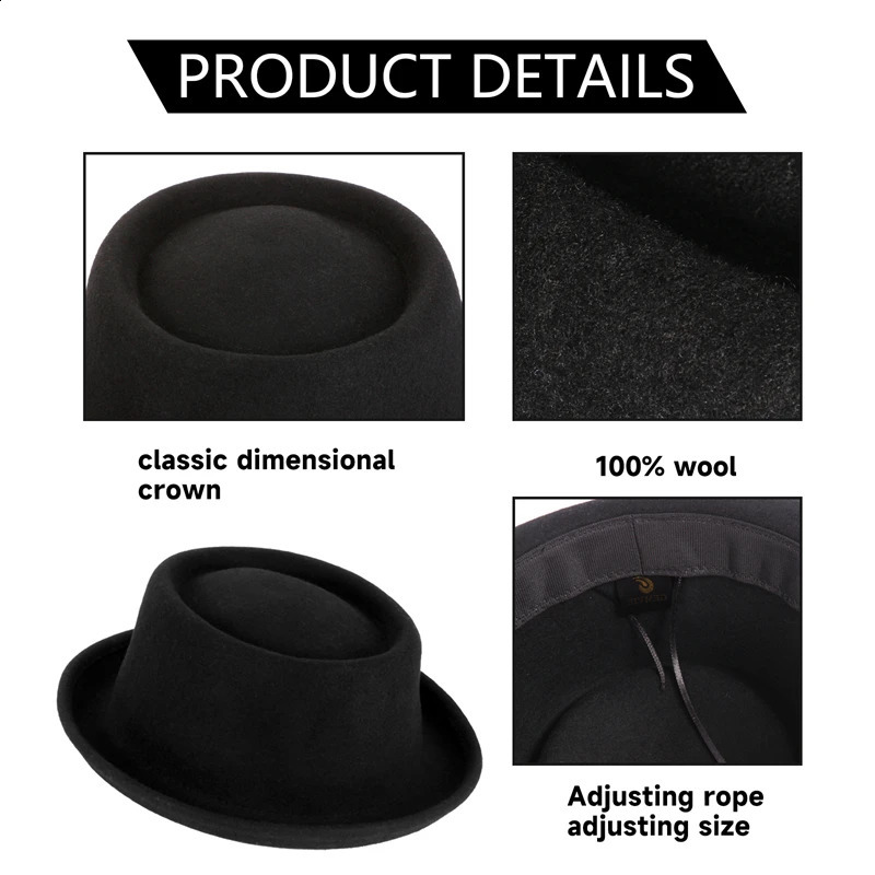 100% Wool Pork Pie Fedora Hat for Women Men Autumn Winter Felt Curved Brim Porkpie 241220