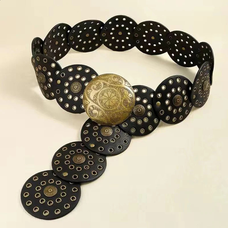 Wide Boho Disc Belt Women Vintage PU Leather Hollow Western Cowboy Metal Buckle Chain Belts Exaggerated Round Waistband 241224