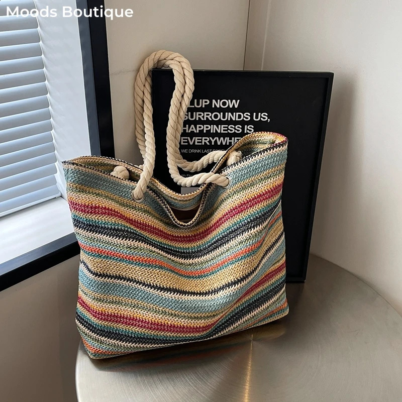 Straw Fabric Woven Women Tote Bags Rainbow Color Large Capacity Summer Beach Shoulder Shopper Bag Casual Commute Handbags 250314
