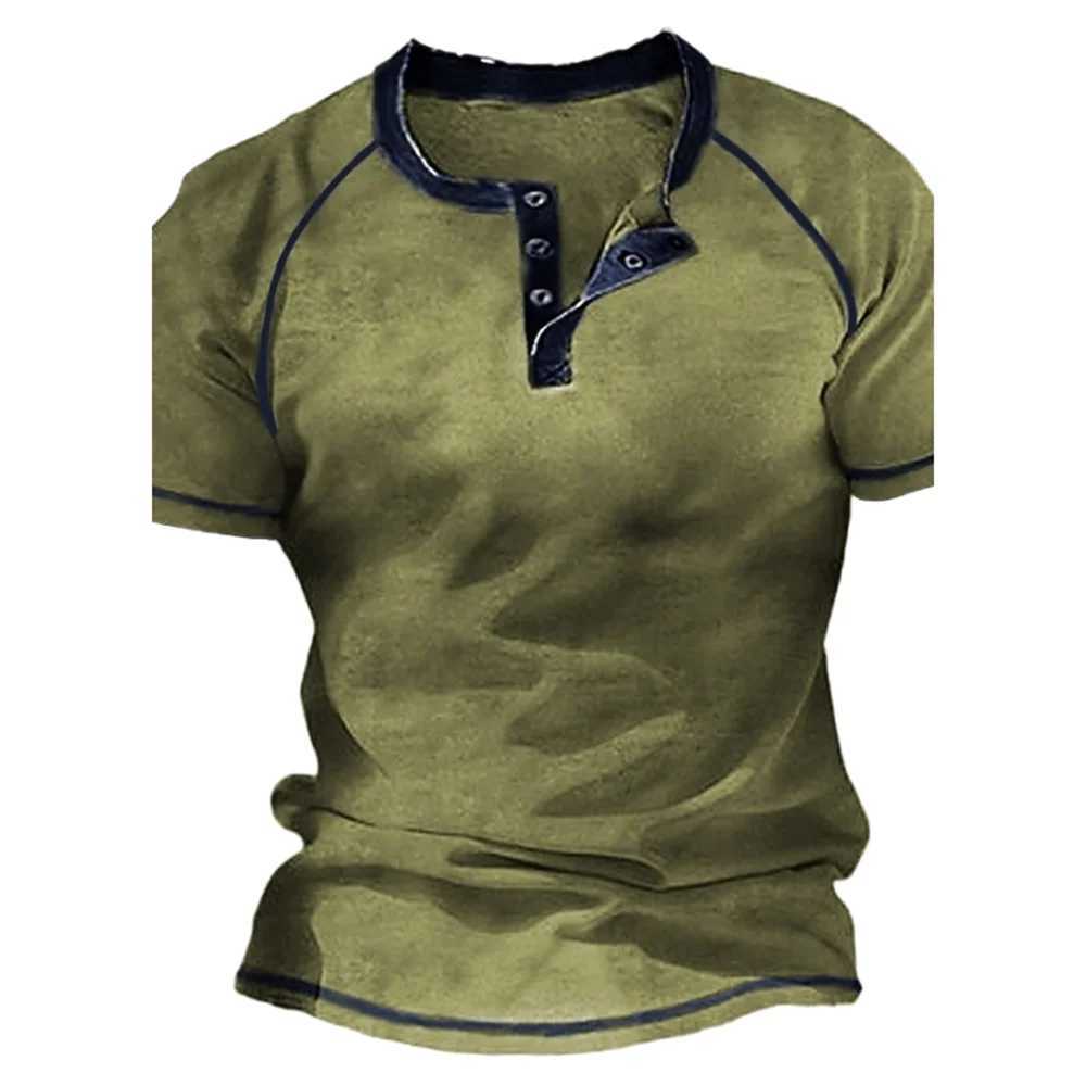 Henley mens summer pattern button plain 3D printed street retro casual short sleeved clothing oversized street clothing W241223