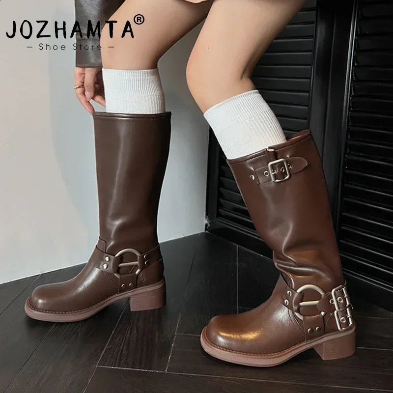 JOZHATA Size 34-42 Retro Western Womens Genuine Leather Knee High Boots Thick High Heels Autumn Winter Womens Shoes Retro 241223