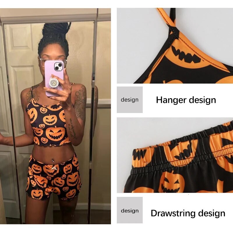 Halloween Pama Set Spooky Head Print Round Neck Camisole Top And Pumpkin Lettuce Side Shorts Homewear Pa