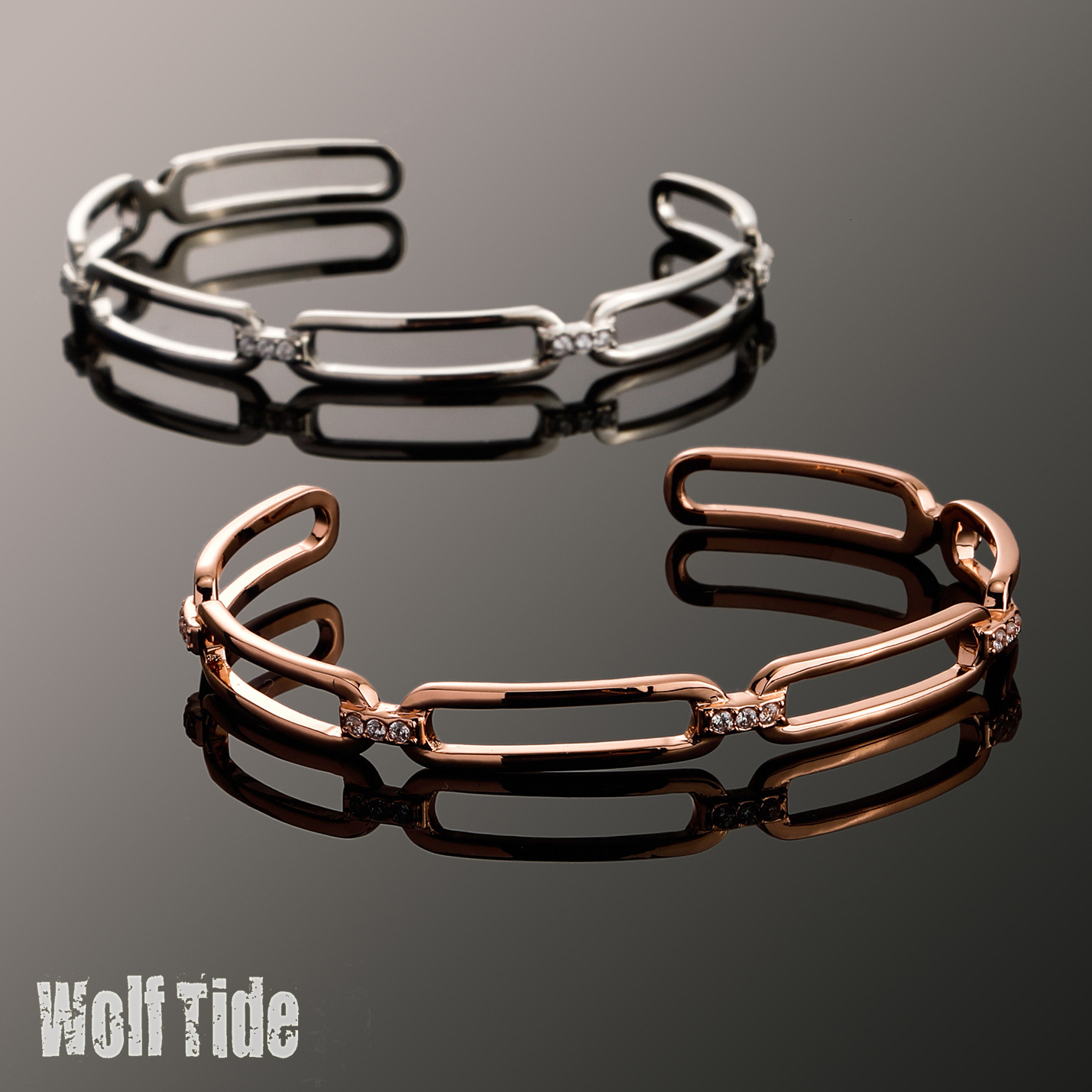 White Gold And Rose Gold Two Tone Open Cuff Bracelets Set Female Ins Hip Hop Hollow Chain Simple Design Bangle Bling Cubic Zirconia Jewelry Bijoux Pul