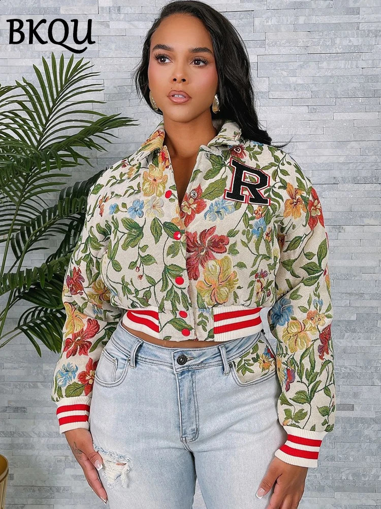 BKQU Jacquard Lapel Short Jackets Women Fashion Buttons Long Sleeve y Printed Crop Coats Vintage Y2K Streetwear 2025 241218