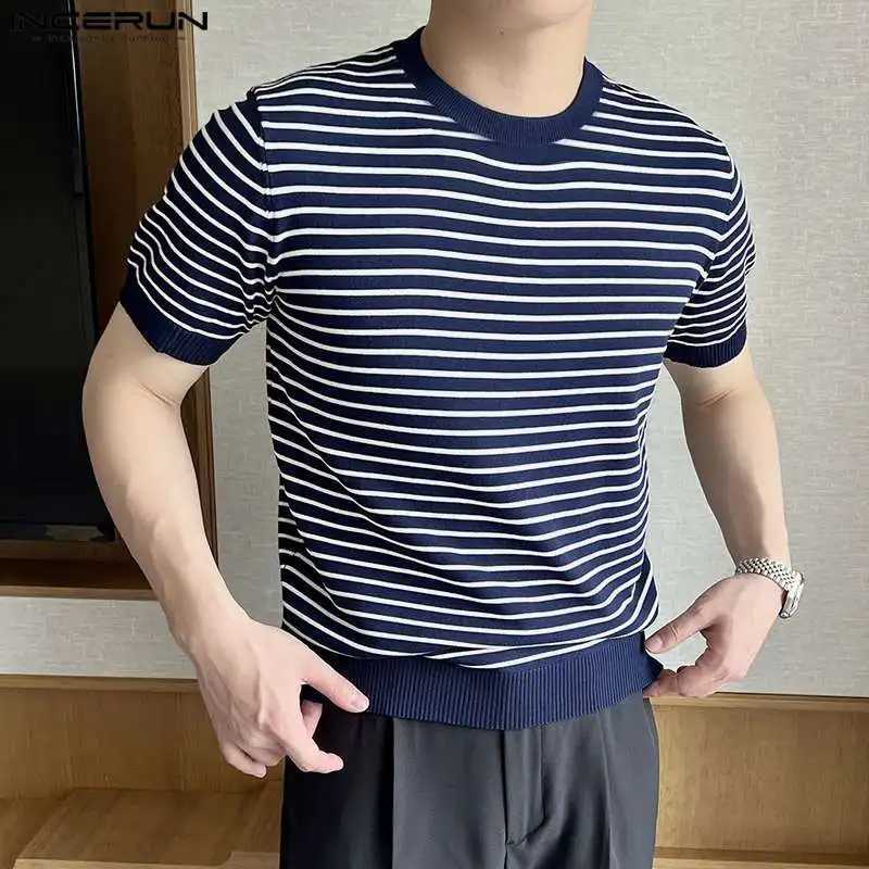 INCERUN Tops 2024 Korean Fashion Mens Contrasted Stripe Design T-shirt Casual Simple Full Match Short Sleeve Camiseta S-5XL W241223