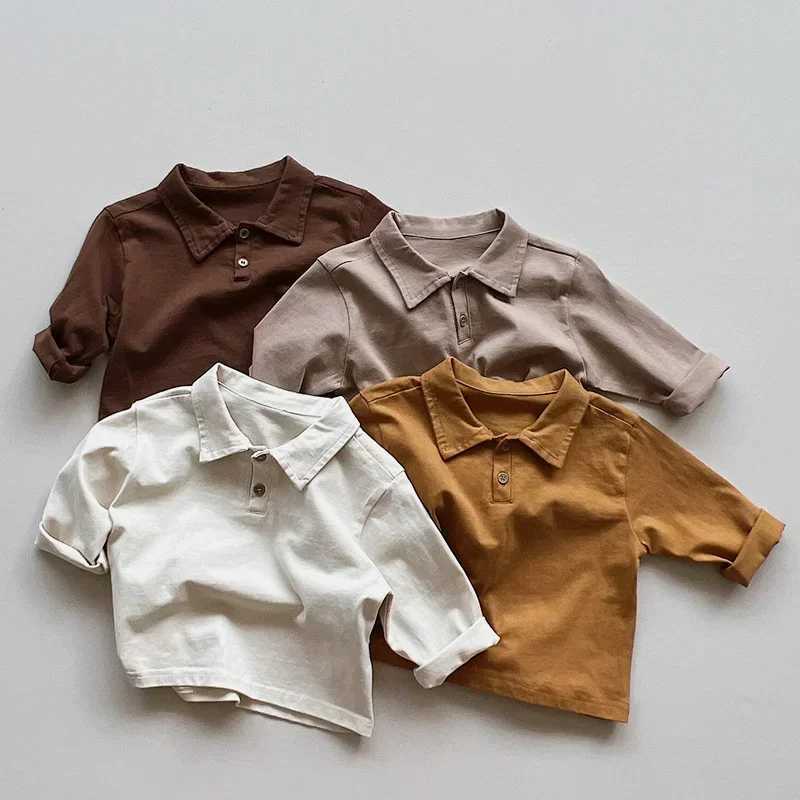 Spring and Autumn Childrens Polo Shirt 1-8Y Boys Cotton Button Solid Day Long Sleeve Top Korean Preschool Clothing Childrens Clothing New W241223