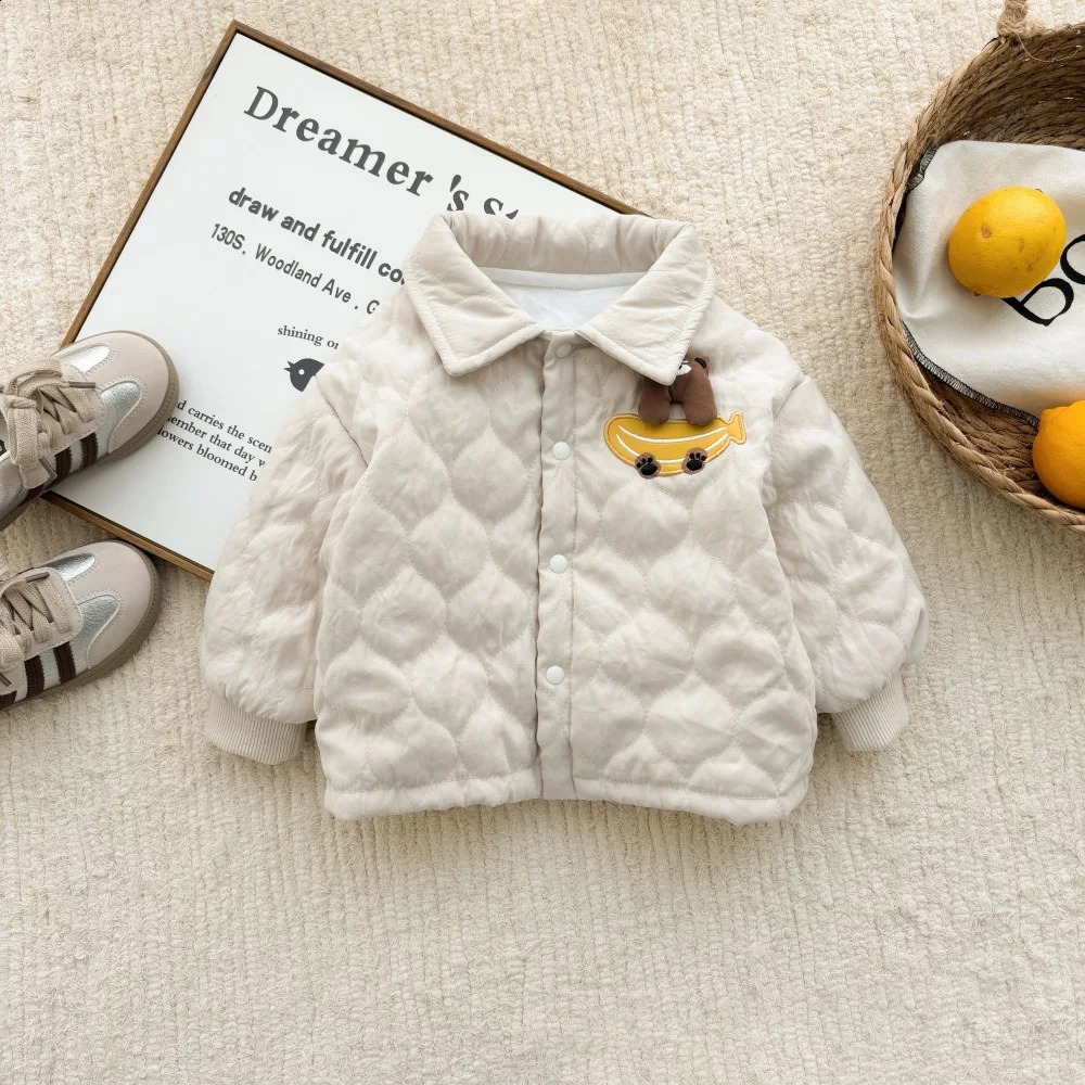 Winter Ins Korean Toddler Boys Parkas Cotton Quilted Thickened Cartoon Bear Solid Baby Boys Coat Infant Boys Jacket 241223