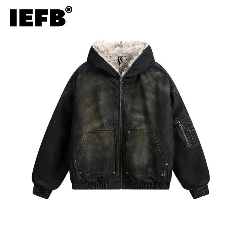 IEFB Fashion Mens Padded Jackets Denim Fleece Hooded Worn-out Zipper Patchwork Loose Winter Male Clothing Stylish 24011 241223