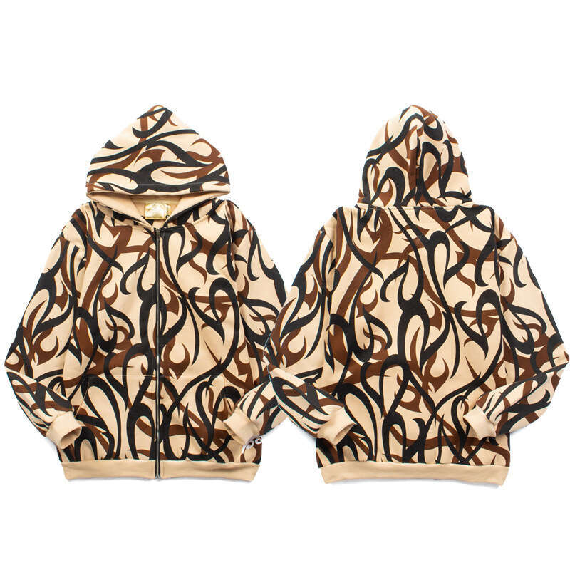 High Trendy Brand Hip Hop Street Ins Celebrity Same Style Thorn Full Print Zipper Hoodie Coat