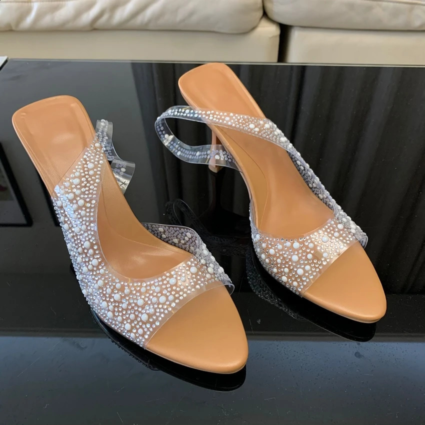 Summer Fashion Womens High Heels Pearl Decorative Elastic Back Womens Pump Leather Toe High Heels Sandals Elegant Womens Shoes 241223