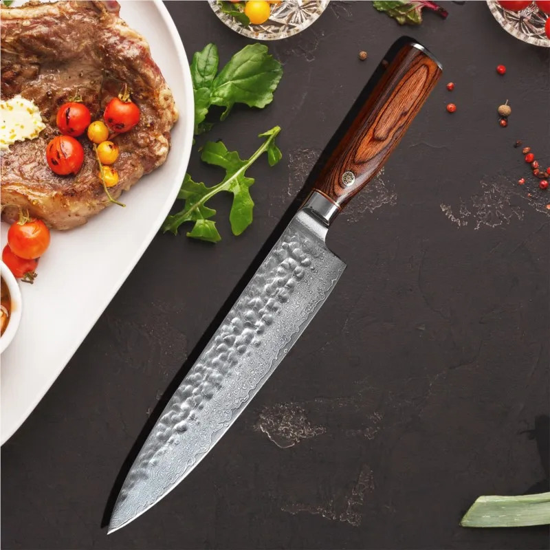 Chefs Knife 67th Floor Damascus Vg10 Kitchen Knife Stainless Steel Slicer with Redwood Handle Western Kitchen Cooking 241224