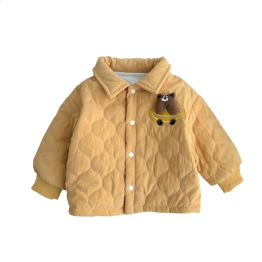 Winter Ins Korean Toddler Boys Parkas Cotton Quilted Thickened Cartoon Bear Solid Baby Boys Coat Infant Boys Jacket 241223