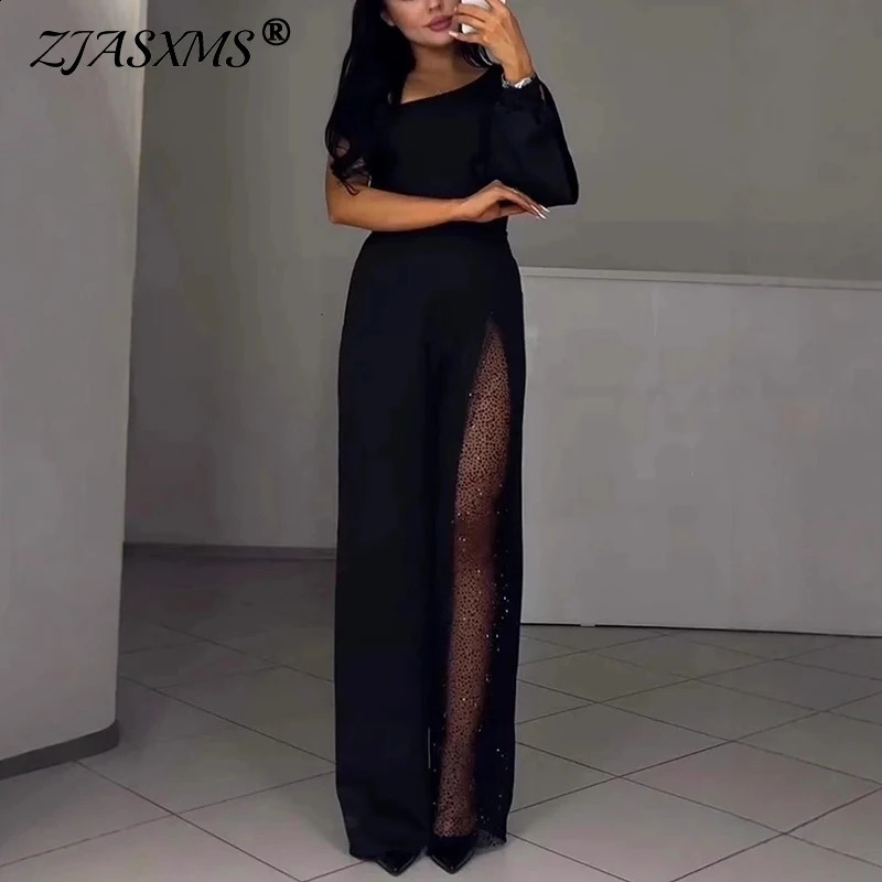 Sexy One-shoulder Backless Party Jumpsuit Women Spring Elegant High Waist Straight Romper Fall Hollow Mesh Flare Pants Playsuits 241224