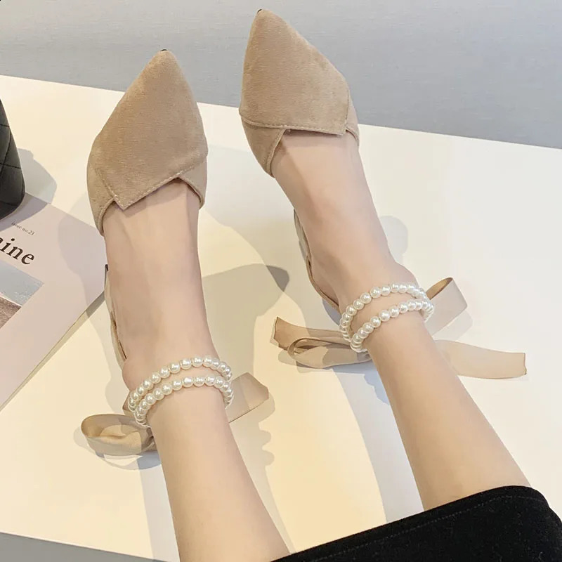 Rimocy Pearl Belt Square High Heels Pump Womens Fashion Pointed Toe Party Shoes Womens Elastic Lace Shallow Shoes Womens 241223