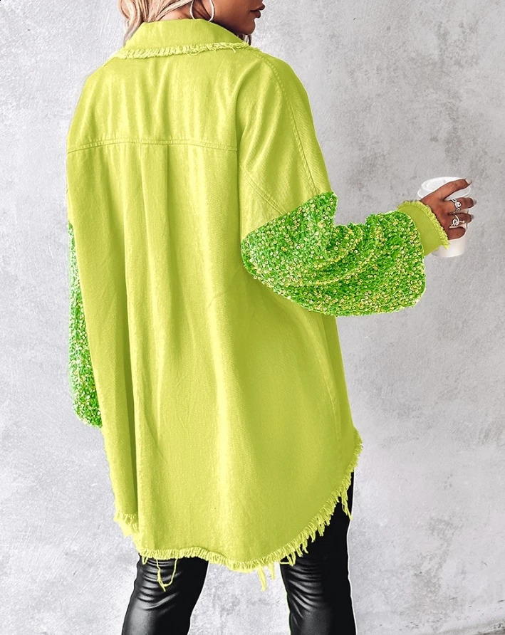 Women Jacket Spring Fashion Contrast Sequin Raw Hem Pocket Casual TurnDown Collar Long Sleeve Daily Shacket 241218