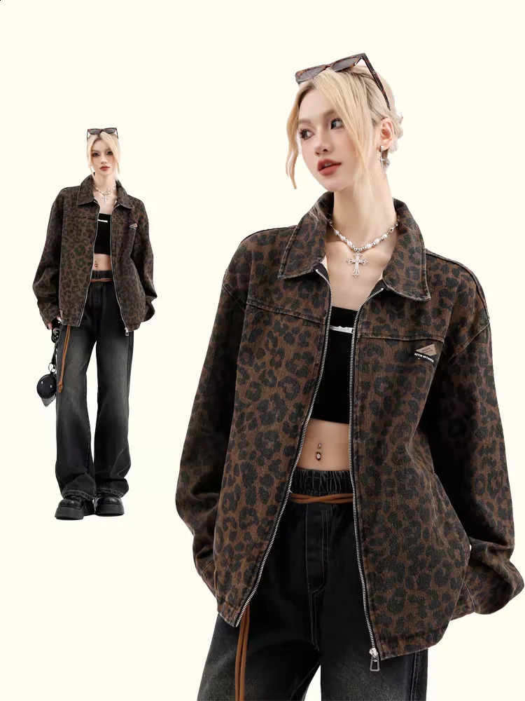 Jackets Women American Leopard Print Lapel Retro Loose Trendy Niche High Street Casual Denim Coats Couple Autumn 241223