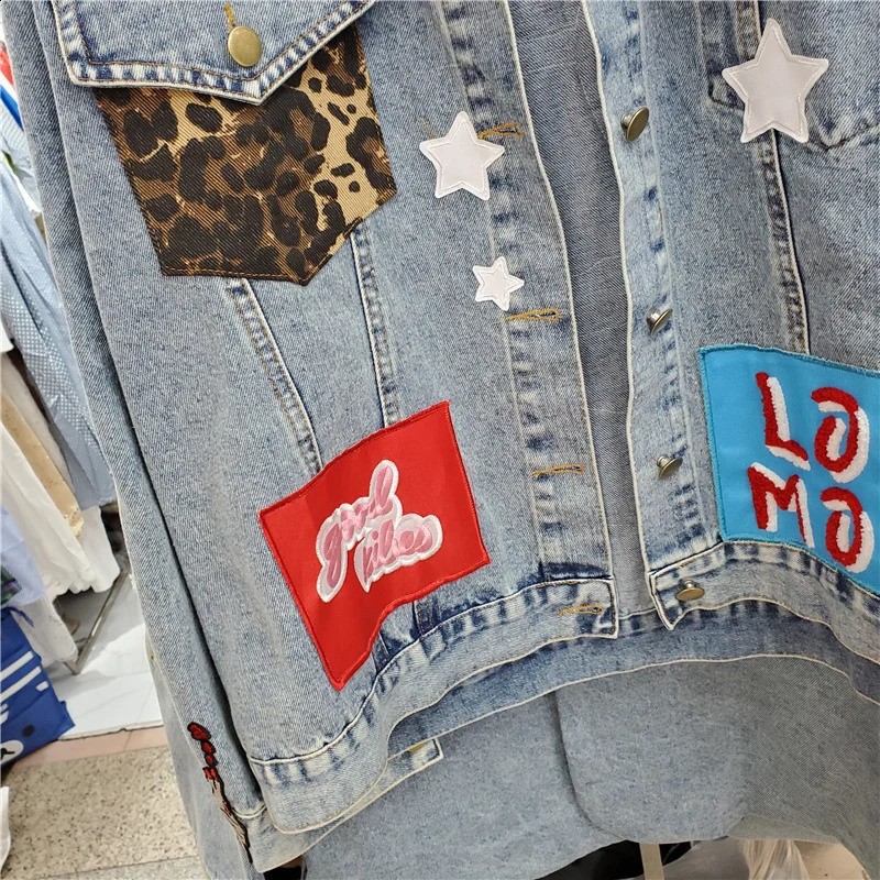 Leopard Turndown Collar Splicing Denim Jacket Women Loose Cow Outerwear Sequins Patch n Big Pocket Jeans Jacket Female 241223