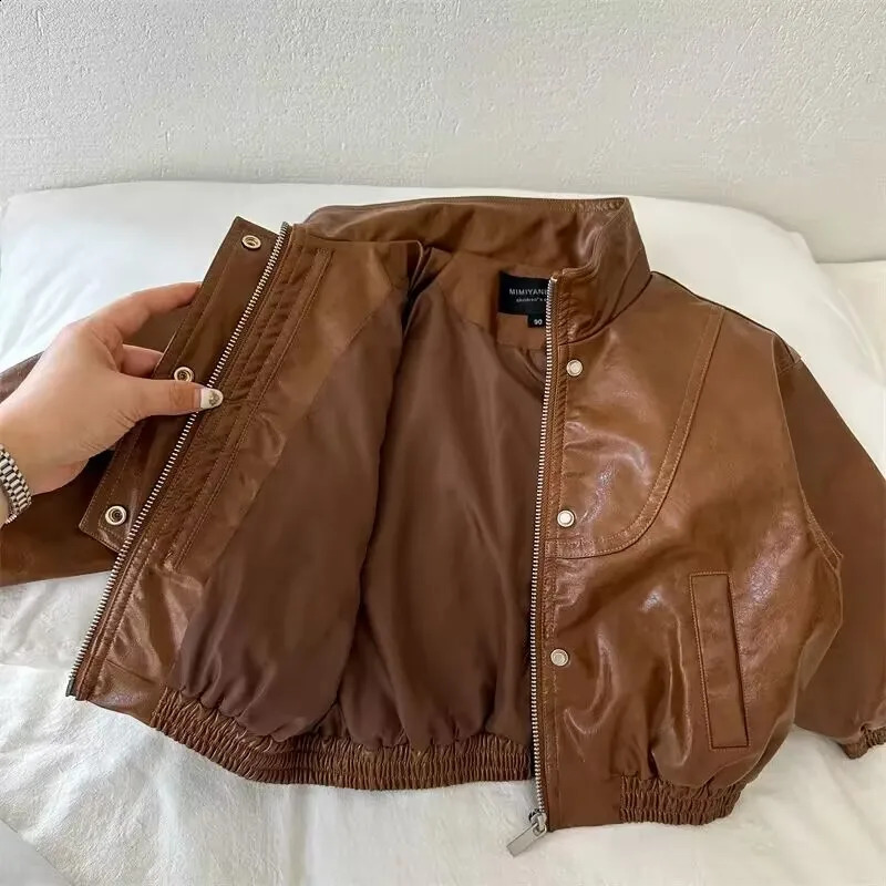 Boys Jacket outerwear Spring and Autumn Korean Childrens Vintage Zipper Leather Clothes Fashionable Baby Jackets Top 241223