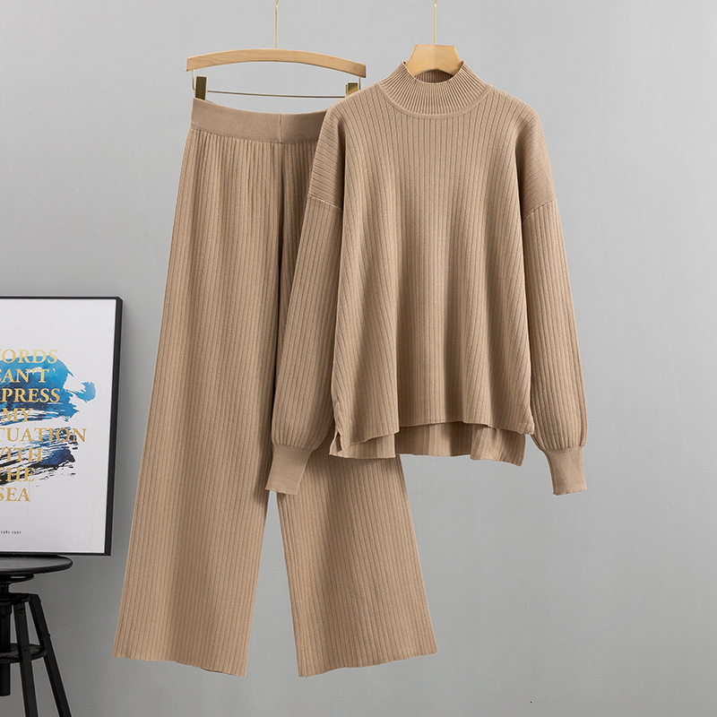 2023 2 Pieces Women Loose Tracksuit Turtleneck + Wide Leg Pants Pullover Sweater Set CHIC Knitted Outwear