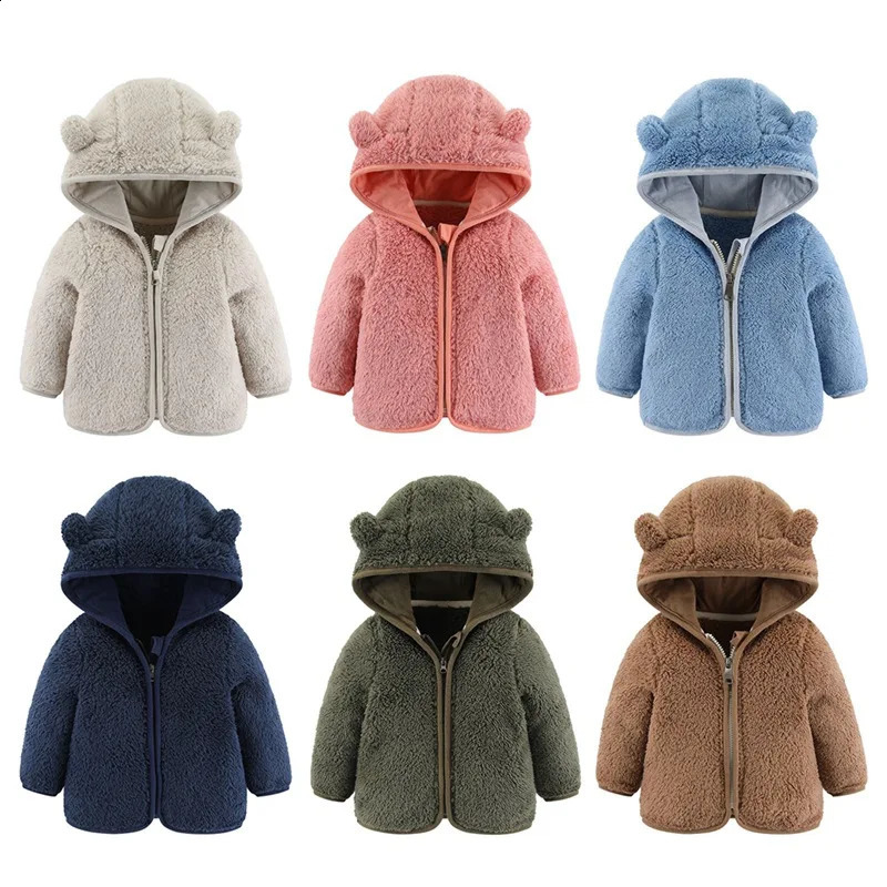Baywell Cute Bear Baby Girls Boys Jacket Plush Sweater Autumn Winter Keep Warm Outerwear Zipper Hooded Coat 0-2 Years Clothes 241223