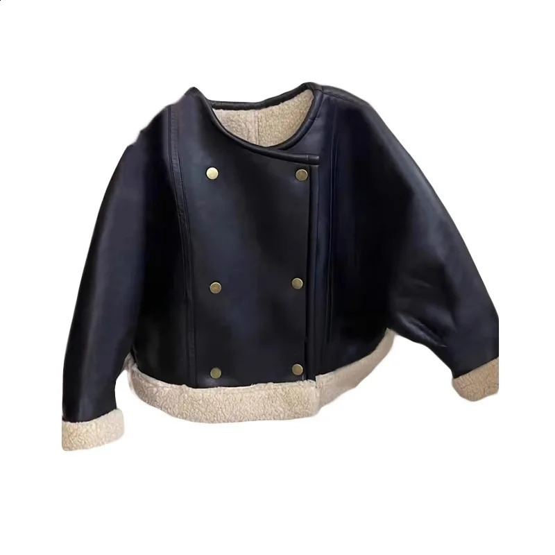 Korean Childrens Autumn Winter Girls Outerwear Fleece Warm Kids Girls Street Jacket Lamb Wool Baby Girls Leather Jacket 241223