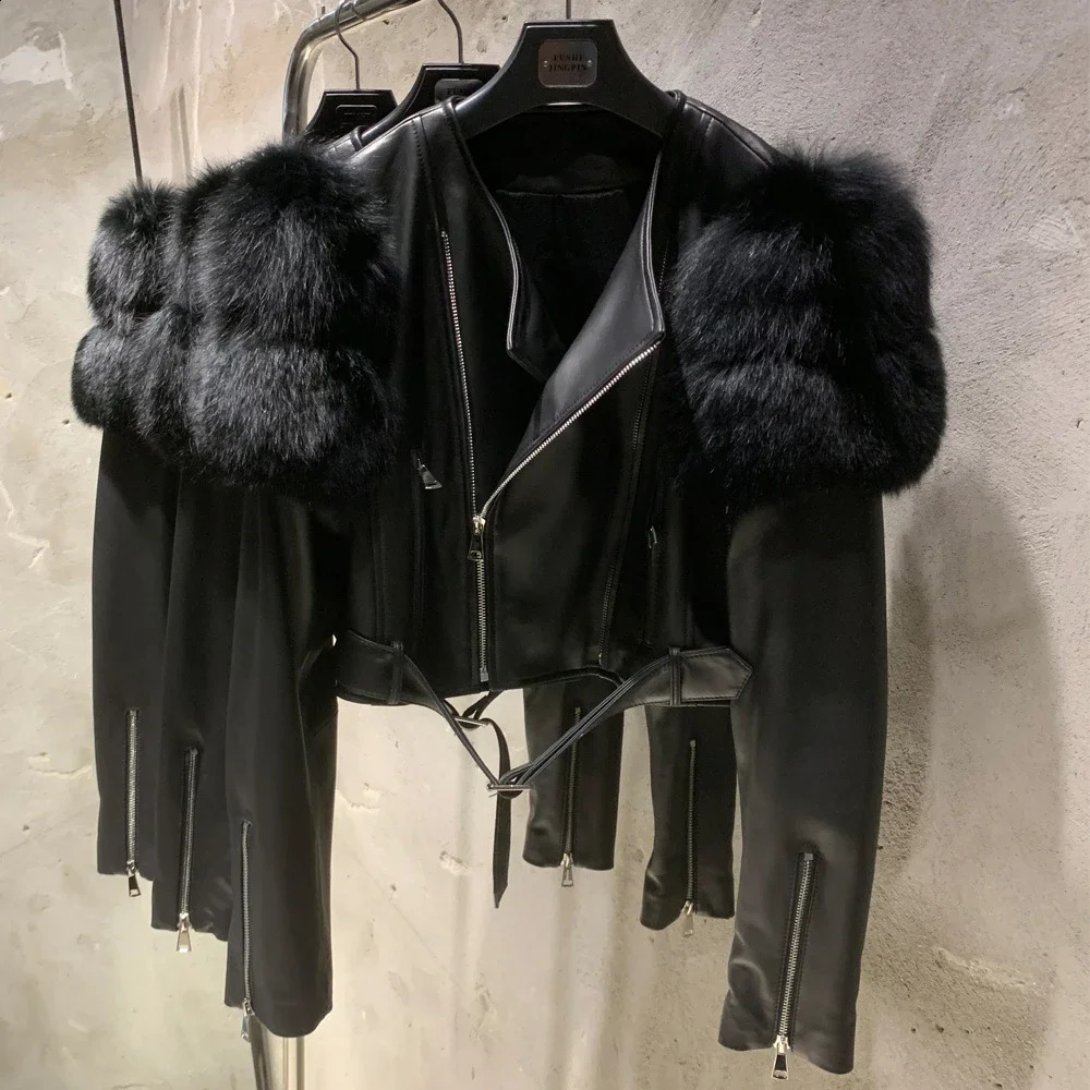 Leather Jacket Factory Ladies Short Leather Jacket Real Fox Fur Sleeve Coat Women Autumn 21001 241223