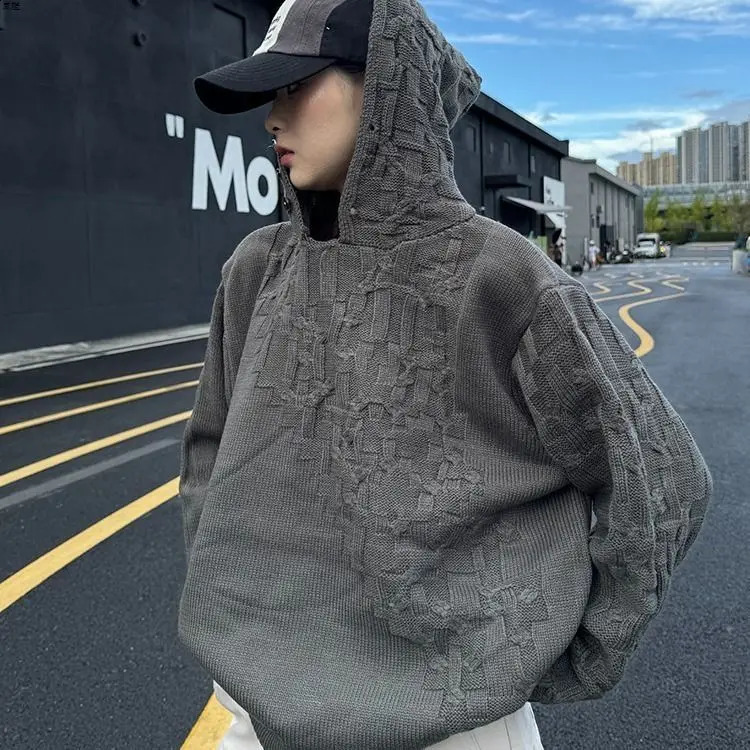 Autumn and winter American fashion mens and womens knitted hooded couple loose retro personality Harajuku casual sweater Y2K 241223