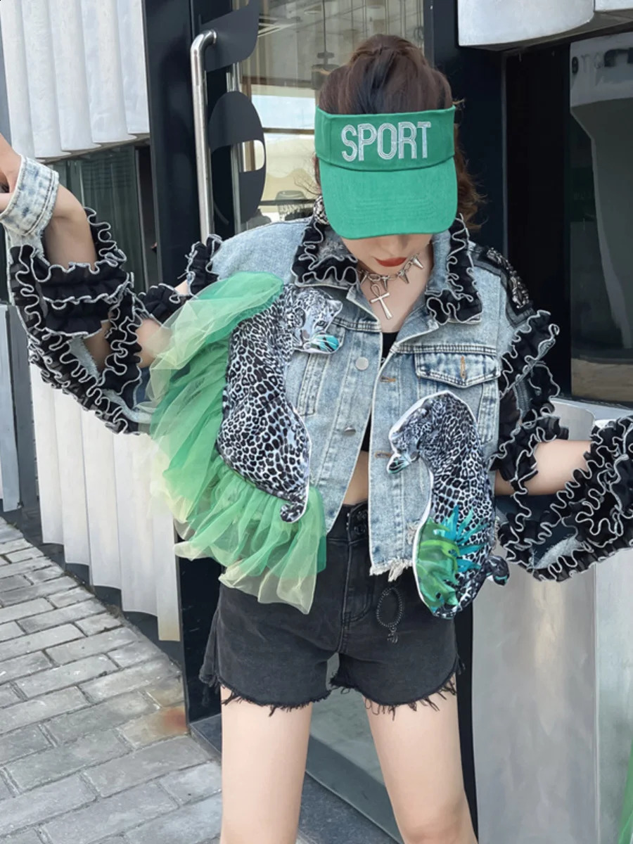 Autumn Heavy Industry Thread Sleeve Mesh Stitching Leopard Print Patterned Denim Women Jean Jacket High Street 241223