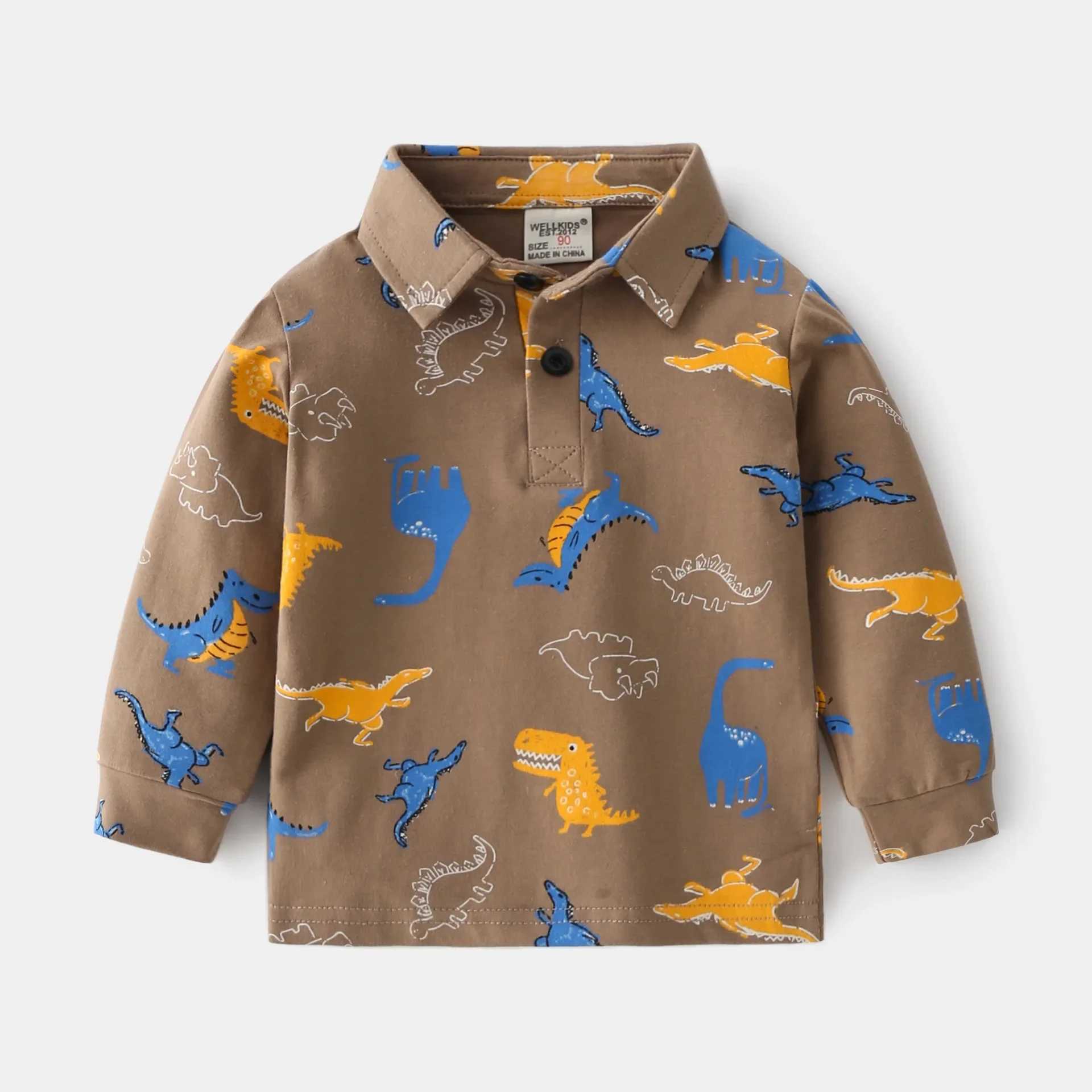 Boys polo shirt with dinosaur print for autumn and spring childrens casual wear for 3 4 5 6 7 8 and 9 years old cotton long sleeved top for children W