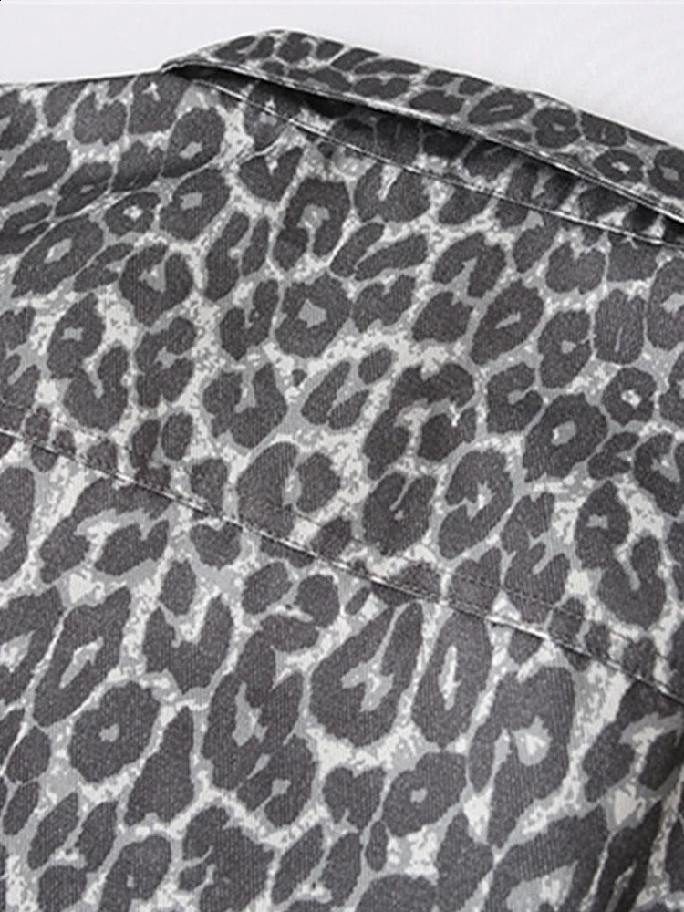 American Style Retro Leopard Print Coats Women Streetwear Fashion Long Sleeve Pockets Jackets Autumn Winter Denim Coat 241223