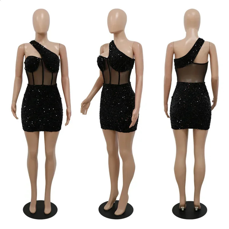 Ultra thin transparent mesh womens sexy party dress birthday girl sequin sparkling shoulder nightclub dress red and black 241223