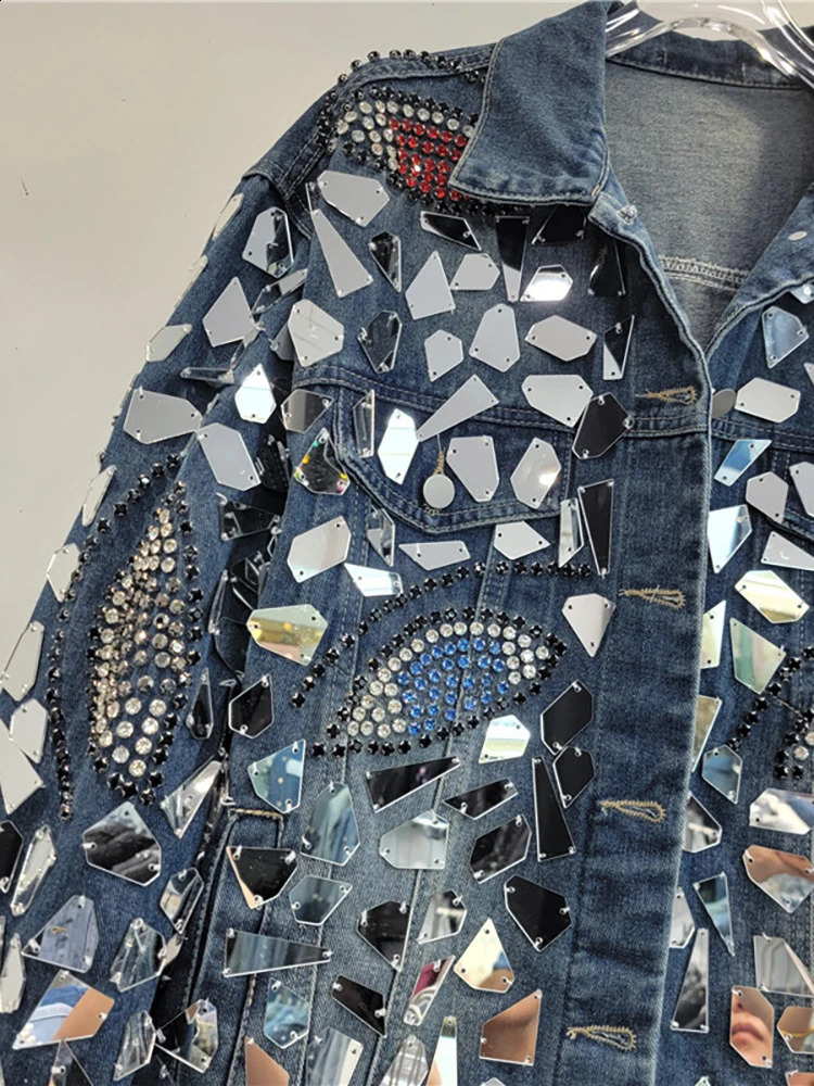 DEAT Womens Denim Shiny Irregular Sequins Colorful Diamonds Blue Long Sleeve Female Coat Jacket 2025 Spring Fashion 33A1799 241223