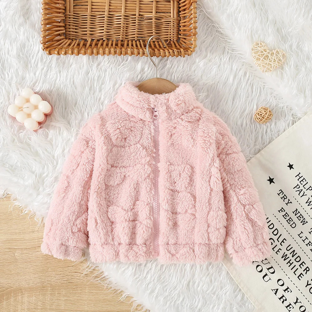 Baby Girl Princess Pink Fleece Jacket With Love Pattern Toddler Child Warm Coat Stand Collar Outwear Winter Baby Clothes 241223
