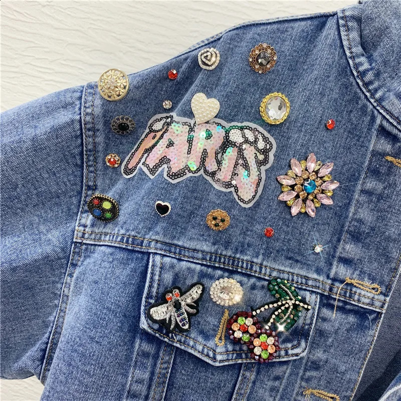 Hip Hop Streetwear All-matching Fashion Beaded Diamonds Denim Jacket Womens Autumn Loose Three Dimensional Decoration Coat 241223