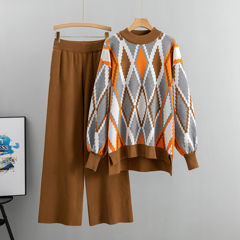Women Knitted Two Piece Set 2023 Fashion Autumn Winter Loose Trousers Suit Casual Long Sleeve Top With Wide Leg Pants Outfits